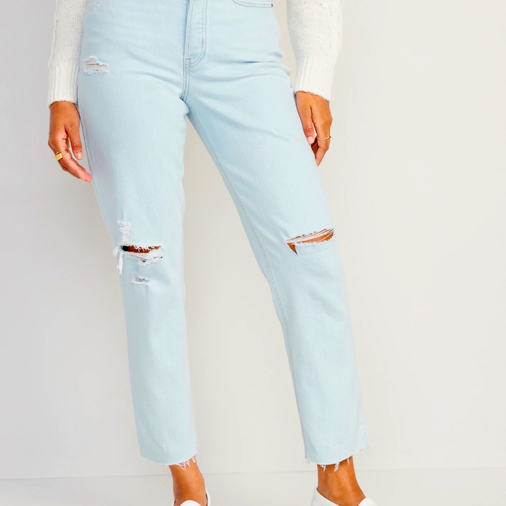 Extra High-Waisted Button-Fly Sky-Hi Straight Ripped Cut-Off Jeans - Picture 2 of 3